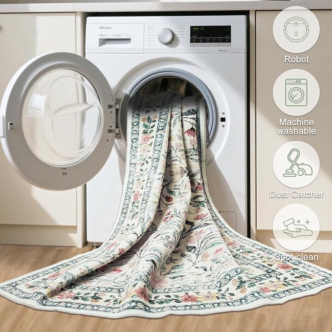 Runner Rug for Entryway: 2.6x14 Kitchen Rugs Non Slip Washable Ultra-Thin Soft Floral Carpet Indoor Floor Stain Resistant Carpets for Hallway Bedroom Kitchen Laundry Bathroom Dorm Green/Beige
