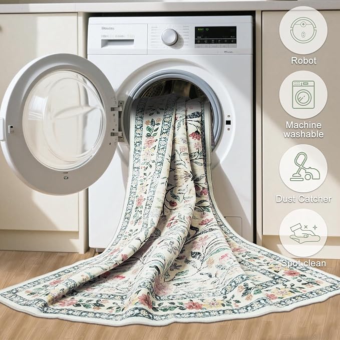 Runner Rug for Entryway: 2.6x10 Kitchen Rugs Non Slip Washable Ultra-Thin Soft Floral Carpet Indoor Floor Stain Resistant Carpets for Hallway Bedroom Kitchen Laundry Bathroom Dorm Green/Beige