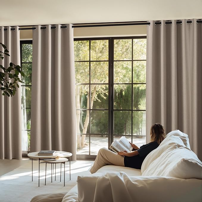 NICETOWN Farmhouse Style 100% Blackout Crisp Faux Linen Curtains 90 inches Long for Living Room, 2 Panels, 52" W, Room Cooling Thermal Insulated Window Draperies for Dining Room, Home Office