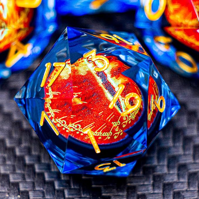 ARUOHHA DND Resin Dice Gazes Eye Dice Golden Blue Liquid Core Flaming RPG Sharp Edged Dice Set with Gift Box, Polyhedral D and D Dice Set Compatible with Dungeons Dragons Role Playing Game D20 D6