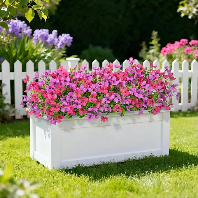 Ouddy Decor 16 Pcs Artificial Flowers for Outdoors Decor, Purple & Rose Red | Realistic, silk flowers, faux plastic plants, UV resistant, for summer garden porch window vase indoor outdoor home decor