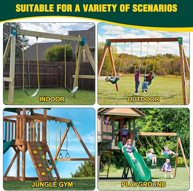 BETOOLL Swing Sets Brackets - 2 A-Frame Swing Set Brackets 4 Swing Hangers and 2 Swing Seats with All Mounting Heavy Duty Hardware Included - Swing Set Kit for Porch, Yard, Playground - Green