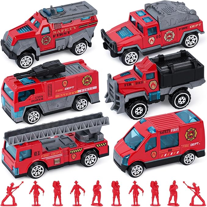 LovesTown 50PCS Fire Truck Toy Set, 6PCS Die-cast Small Rescue Emergency Vehicles Red Fire Trucks 44PCS Firemen Toy Figures for Kids Boys Birthday