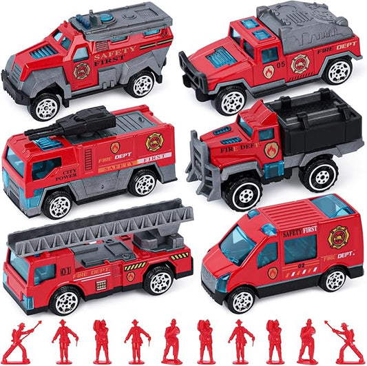 LovesTown 50PCS Fire Truck Toy Set, 6PCS Die-cast Small Rescue Emergency Vehicles Red Fire Trucks 44PCS Firemen Toy Figures for Kids Boys Birthday