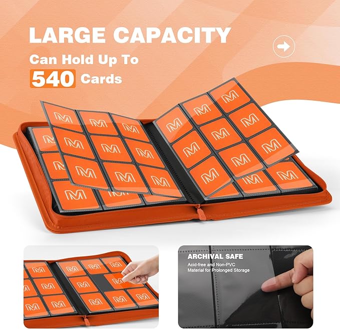 Trading Card Binder with 9 Side Loading Pocket Card Album Hold Up to 540 Cards PU Card Collection Binder, Collectible Albums Card Folder for MTG, TCG, Sports Cards（9-Orange）