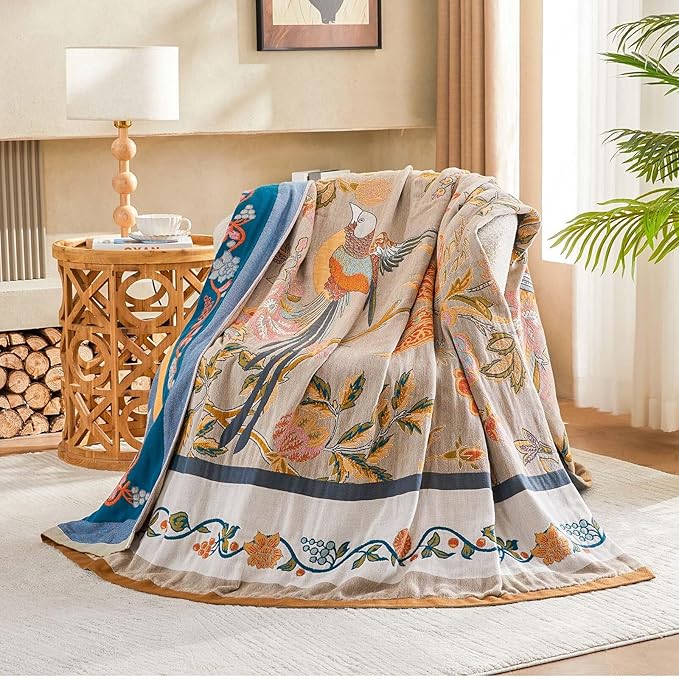 XIBLC Boho Blanket, 100% Cotton Farmhouse Decorative Throw Blanket, 90"x98" Reversible Bohemian Throw Blanket, Brown All Season Muslin Breathable Woven Blankets Quilt