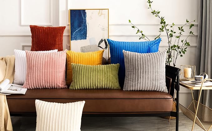 UGASA Pack of 2, Velvet Pillow Covers Striped, Soft Textured Throw Cushion Case Set, Accent Corduroy Lumbar Pillowcases with Hidden Zipper for Home Decor Indoor Outdoor (12"x20", Light Grey)