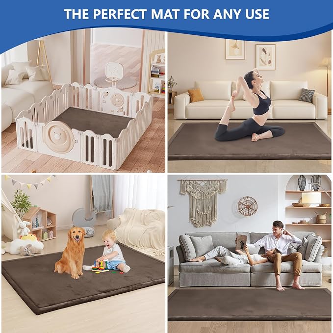 Huloo Sleep Baby Play Mat for Floor,1.3" Thick Elasti-Foam 50x50 Playpen Mat for Toddlers Infant Kids,Water-Repellent Soft Coral Velvet Tummy Time Mat,Non Slip Crawling Mat,Tatami Mat(Dark Brown)