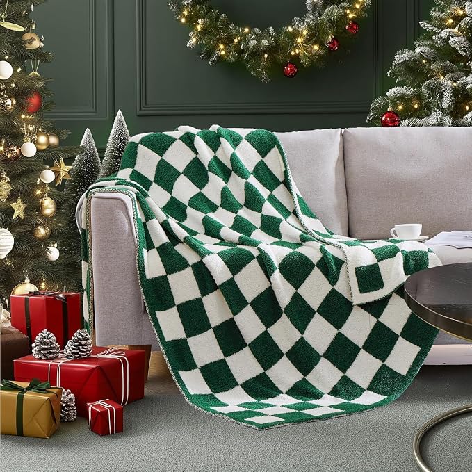 Soft Twin Size Checkered Blanket for Bed-Cozy Knitted Blankets | Lightweight Fluffy Warm Decor for Women, Mom, Her & Girls, Sofa, Chair, Couch, 60x80in, Avocado Green