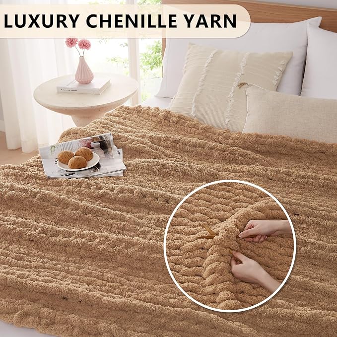 L'AGRATY Chunky Knit Throw Blanket for Couch, 80'' x 90'' Knit Throw, Tan | Handmade Chenille Crochet Blanket for Sofa Bed, Thick Cable Knitted Blankets for Room Home Decor, Birthday Gift for Women Mom