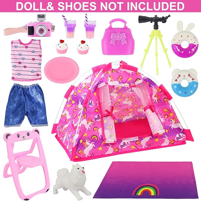 Ecore Fun 15 Pcs Doll Camping and Accessories Set for 11.5 Inch Girl Dolls Includes Tent, Clothes, Chair, Camera, Drink, Cupcake, Donut, Telescope, Toy Dog, Bag