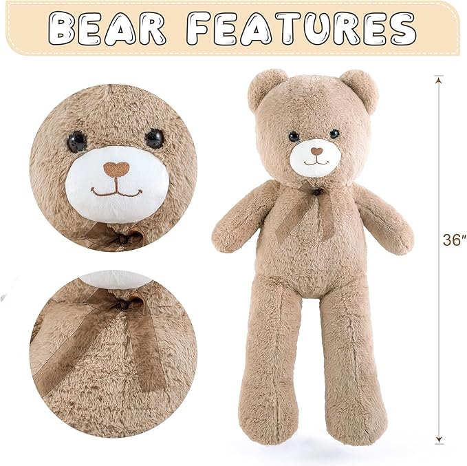 Big Teddy Bear 3 Feet Giant Stuffed Animal Brown Large Teddy Bear Stuffed Animals Huge Stuffed Bear Plush Toy for Girlfriend Women Kids for Halloween Christmas