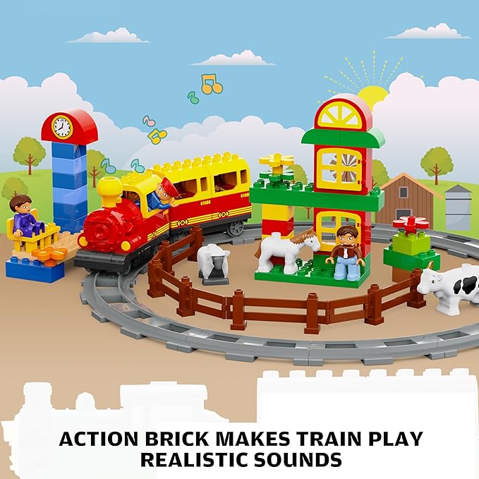 Electric Train Toys w/Farm Animals Set/Toy Trains Set for Toddlers & Kids w/Music, Lights & Tracks, DIY Classic Big Building Blocks Compatible with Lego DUPLO, Gifts for Boys and Girls