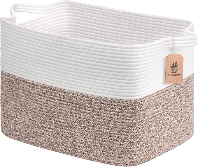 Goodpick 50L Large Woven Storage Basket, 18" x 14" x 12", Brown | Stylish Gift Basket for Home Decor, Cotton Rope Baskets for Toys & Clothes Storage, Living Room & Bedroom Organization