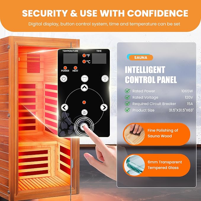 Far Infrared Sauna for Home 1 Person Indoor Wood Sauna Personal Spa Room 1065W 120V with Red Light Bluetooth Speakers 31.5"x31.5"x63"