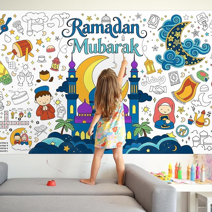Ramadan Activity Poster & Home Decor - 31.5 x 72" Coloring Banner/Table Cover for Eid Mubarak Decoration, for School Parties & Ramadan Decoration
