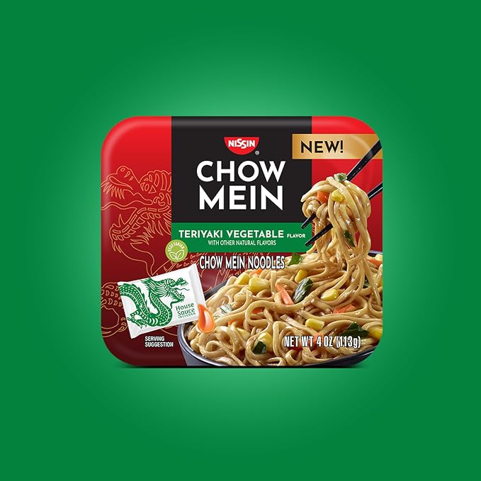 Nissin Chow Mein Noodles, Teriyaki Vegetable, 4 Ounce (Pack of 8) | 10g Protein