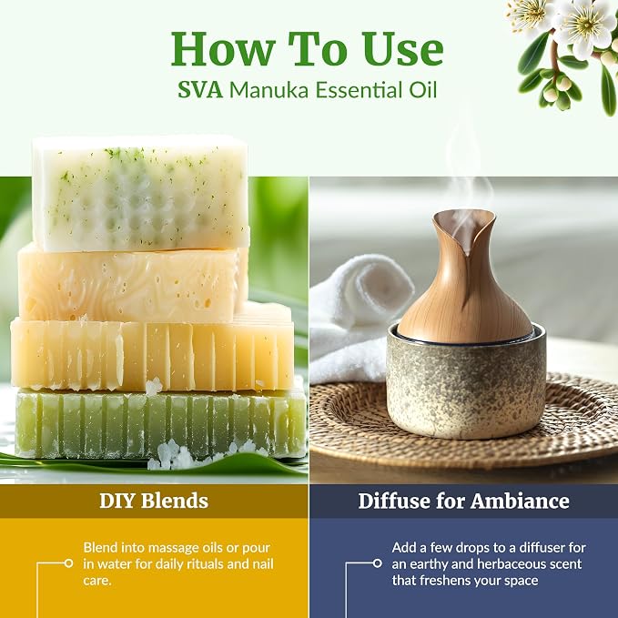 SVA Manuka Essential Oil 1 Fl Oz – for Diffuser, Skin & Hair Care – Ideal for Massage & DIY Blends – with Dropper