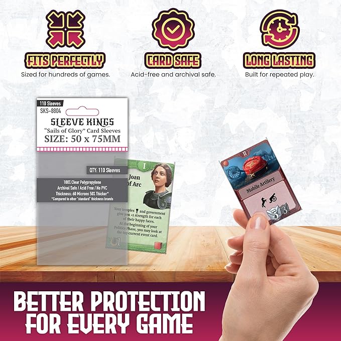 Sleeve Kings Sails of Glory Compatible Card Sleeves – 50x75mm, 110 Pack, 60 Micron Clear Polypropylene, Compatible with Through the Ages: A New Story of Civilization, Parks, Meadow & More – SKS-8804