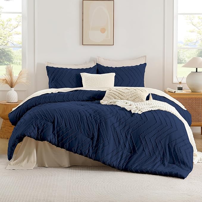 Andency Navy Blue California King Comforter Set, Boho Cal King Soft Warm Tufted Neutral Bedding Comforter Sets, 3 Pieces Cali King Aesthetic Chevron Farmhouse Cute Bohemian Textured Bedding Set