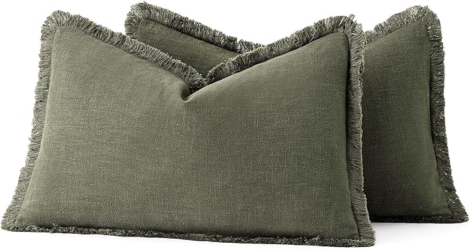 MIULEE Boho Linen Decorative Lumbar Throw Pillow Covers Olive Green 12x20 | Set of 2, Cottagecore Decor, Boho Farmhouse Neutral Pillow Covers, Rustic Fringe Couch Cushions for Sofa Bed Living Room