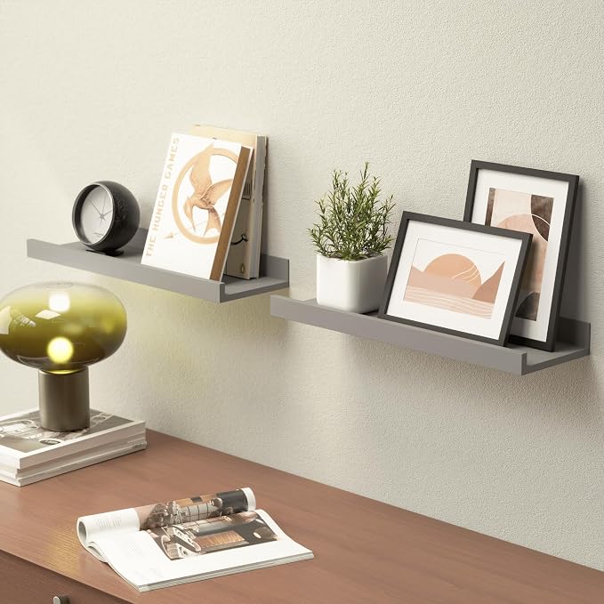 Boswillon Floating Shelves Set of 2, Small Wall Shelf with Lip, 16in, Grey | Display Ledge Shelf for Room Wall, Wall Decor Shelves for Bathroom, Living Room, Bedroom, Kitchen, Nursery Room, Modern, Wood