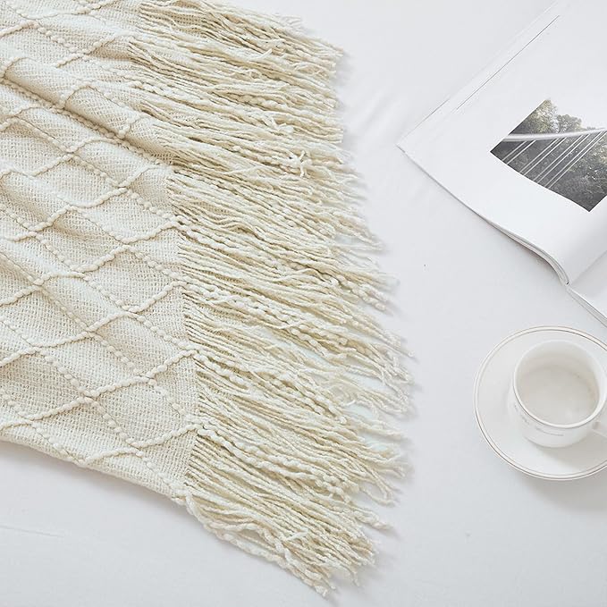 BOURINA Beige Throw Blanket 50x60 Inch Boho Knitted Soft Throw Sofa Blanket | Knitted Throw Blanket 50x60 Inches, Soft Lightweight Boho Weave Throw Decorative Couch Blanket for Living Room Bedroom Chair