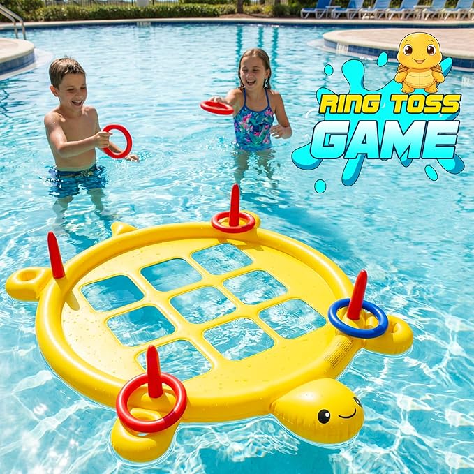 2 in 1 Pool Toys Games Set Inflatable Tic Tac Toe with 10 Balls & 10 Rings for Adults Teens Kids, Giant Floating Tic-Tac-Toe with Cup Holder, Ring Toss, Large Outdoor Yard Carnival Field Day Game