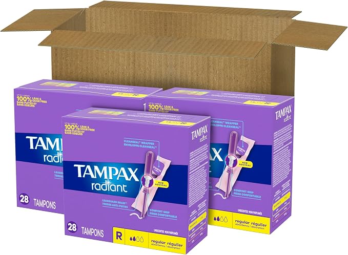 Tampax Radiant Tampons for Women,with LeakGuard Braid,Regular Absorbency,Unscented,84 Count (Pack of 2)
