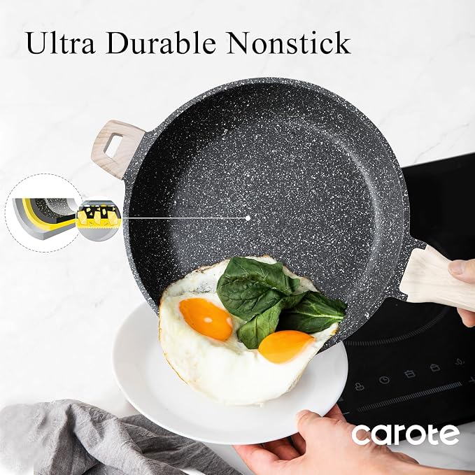 CAROTE 12.5 inch Nonstick Frying Pan, Black Granite Skillet | Kitchen Healthy Non Toxic Stone Cookware, Induction Compatible, Dishwasher & Oven Safe, PFOA Free