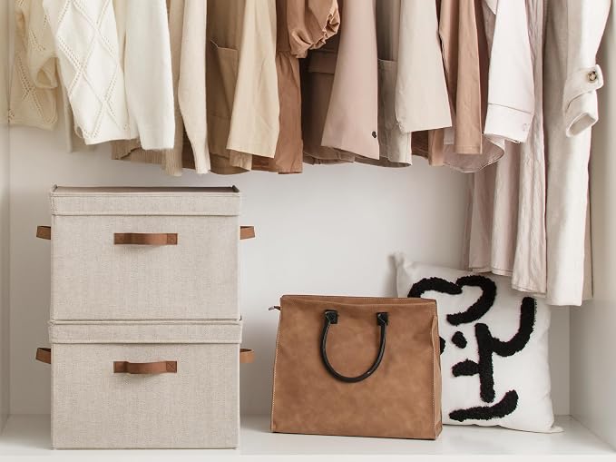 StorageWorks Fabric Storage Bins with Lids, Large Closet Storage Bins | Flip-Top Lid, 3 Handles, Collapsible, Stackable, for Clothes Blankets, Multi-Purpose, Large, Brown and Beige, 2-Pack