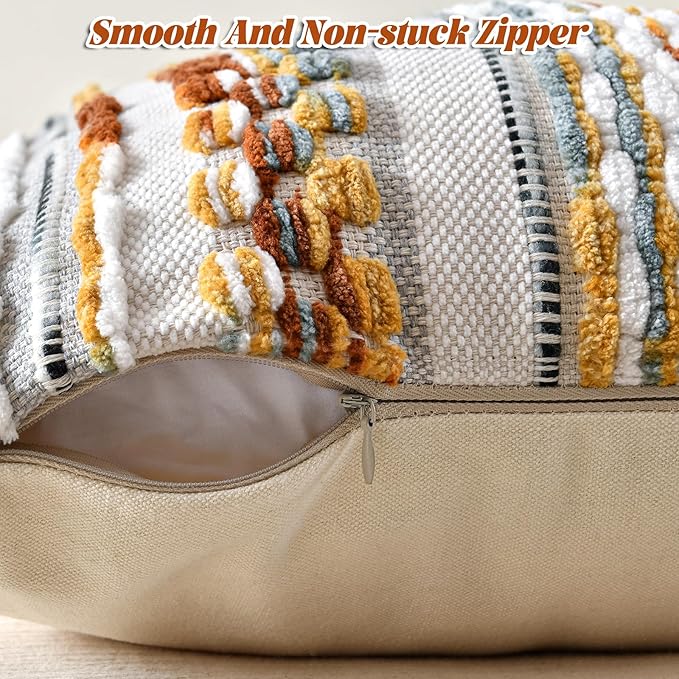 Chenille Striped Textured Boho Throw Pillow Covers Aesthetic with Tassels Woven Decorative Pillow Case for Couch Bed Sofa Bedroom Modern Funky 18 x 18-Inch Brown