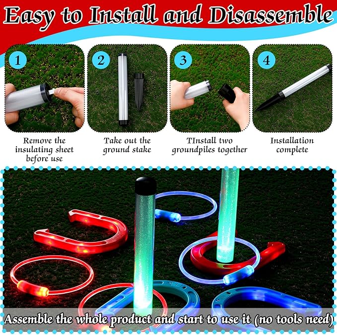 Blueweenly LED Ring Toss Game for Adults and Family, 12 Pcs, Red, Blue, Green LED Horseshoes and Hoop Rings, Outdoor Yard Games