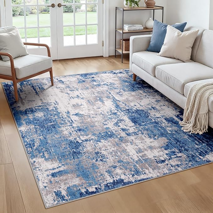 RELEANY Washable Square 6'x6' Area Rug for Living Room Blue Gray | carpet for bedroom, kitchen, office, hallway and entryway, printed pattern, non-slip, soft, stain-resistant, easy to clean