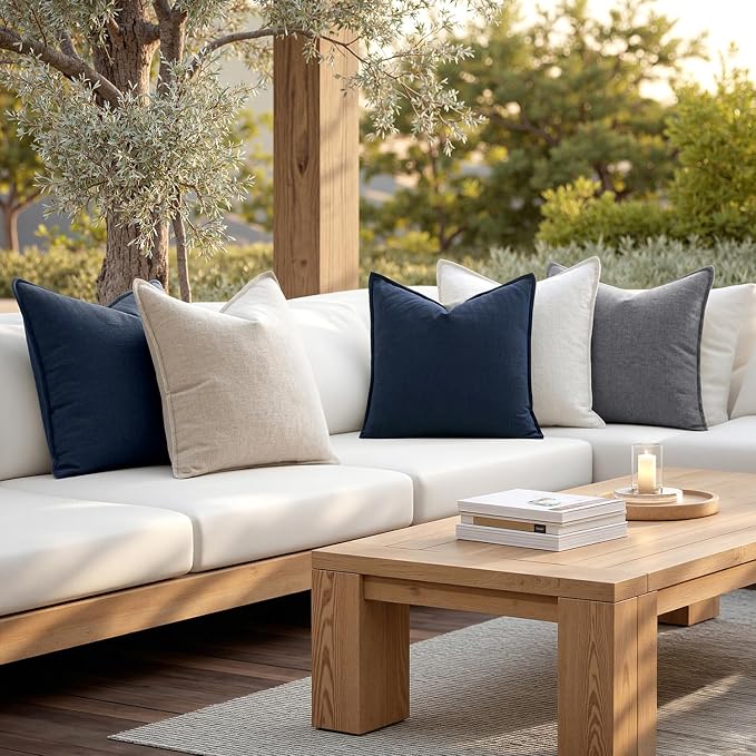 MIULEE Decorative Linen Pillow Covers 20x20 Inch Navy Blue | Boho Farmhouse Neutral Couch Throw Pillows for Bed, Pack of 2 Accent Coastal Modern Pillowcases, Sofa Livingroom Home Decor