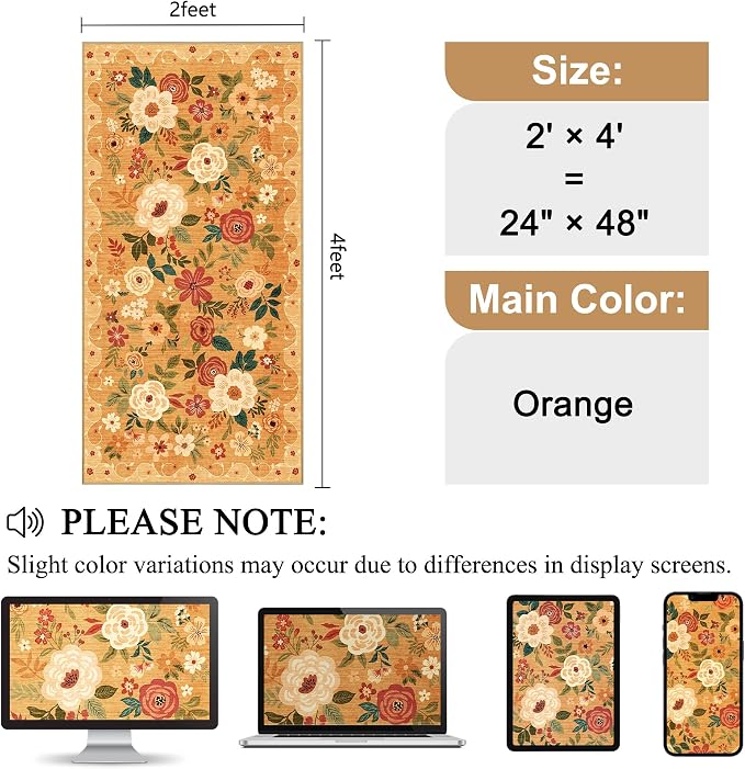 DUKINO 2x4 Entryway Rug, Floral Washable Kitchen Rugs Non Slip, Orange | Low Pile, Soft Indoor Runner Rug for Hallway, Bedroom, Bathroom, Laundry, Pet Friendly, Modern Home Decor, Stain Resistant