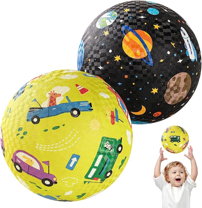U&C Planet 2 Pack Playground Balls for Toddler Kids, 6 inch 8.5 inch Cartoon Rubber Balls with Pump, Dodgeball Kickball for Outdoor & Indoor Game, Great Gift for Boys Girls Aged 1 and Above