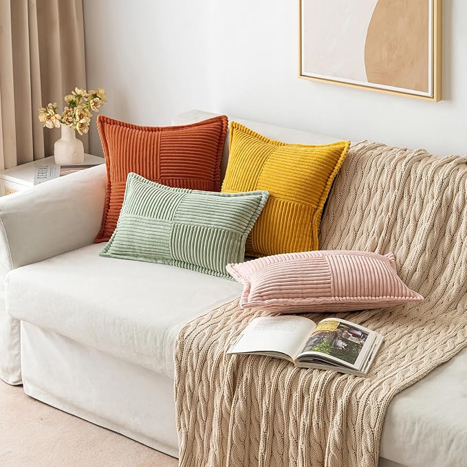 MIULEE Fall Burnt Orange Decorative Throw Pillow Covers for Couch 12x12 in | 2 Pack, Terracotta Boho Broadside Striped Patchwork Pillow Covers, Soft Corduroy Cushion Cases, For Sofa Bed Livingroom