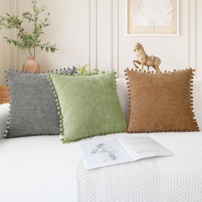 CaliTime Decorative Couch Throw Pillow Covers 20 X 12 Inches Sage | Pack of 2, Cozy Chenille Cushion Cases, with Pom Poms for Sofa Bed Living Room Farmhouse Home