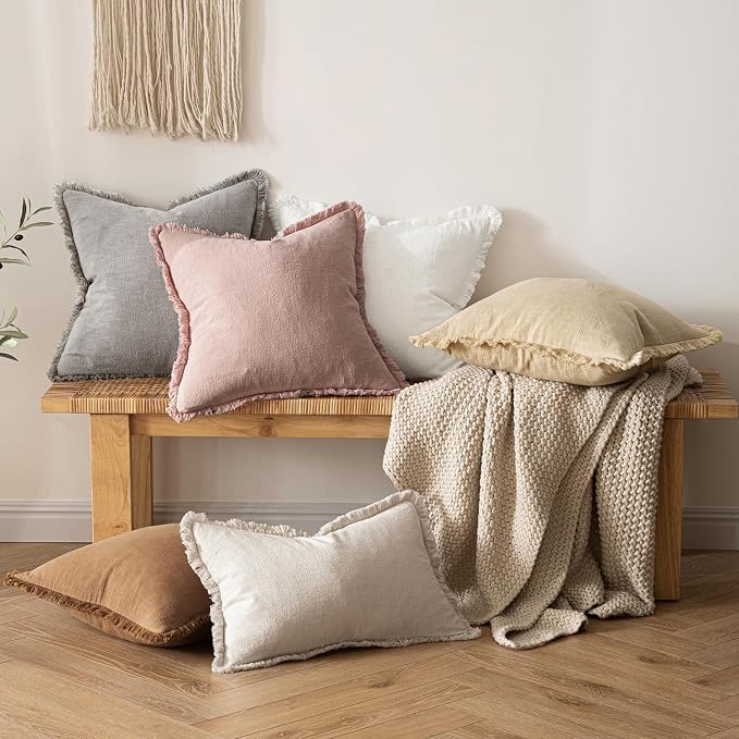MIULEE Boho Linen Fringe Decorative Euro Throw Pillow Covers White 28x28 | Set of 2, Cottagecore Decor, Boho Farmhouse Neutral Pillow Covers, Rustic Couch Cushion Cases for Sofa Bed Living Room
