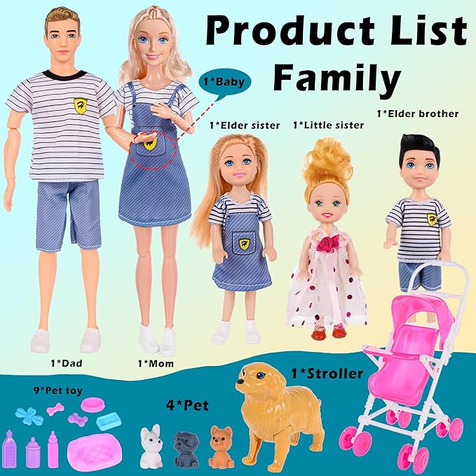 dollbie Dolls Family Playset with Baby Stroller Set- 6 People, Pets & Accessories for 3-12 Years Old | Toddler Gift with Pregnant Mom, Dad, 3 Kids, Dogs, and Interactive Play