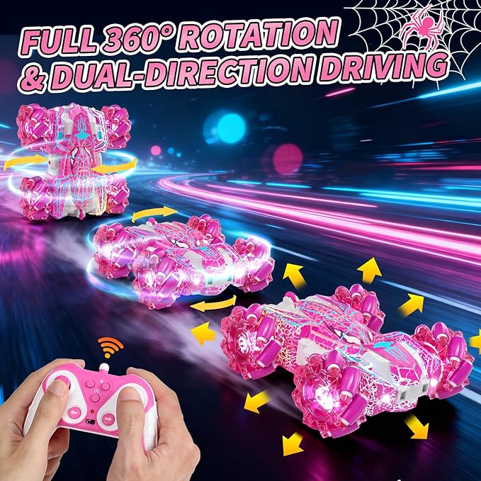 Spider Toys for Girls 4 5 6 7 8 9 10 11 12, Gesture Sensing Remote Control Car, Double Sided RC Cars with Full-Body Light, 2.4GHz Hand Controlled Rechargeable RC Stunt Car