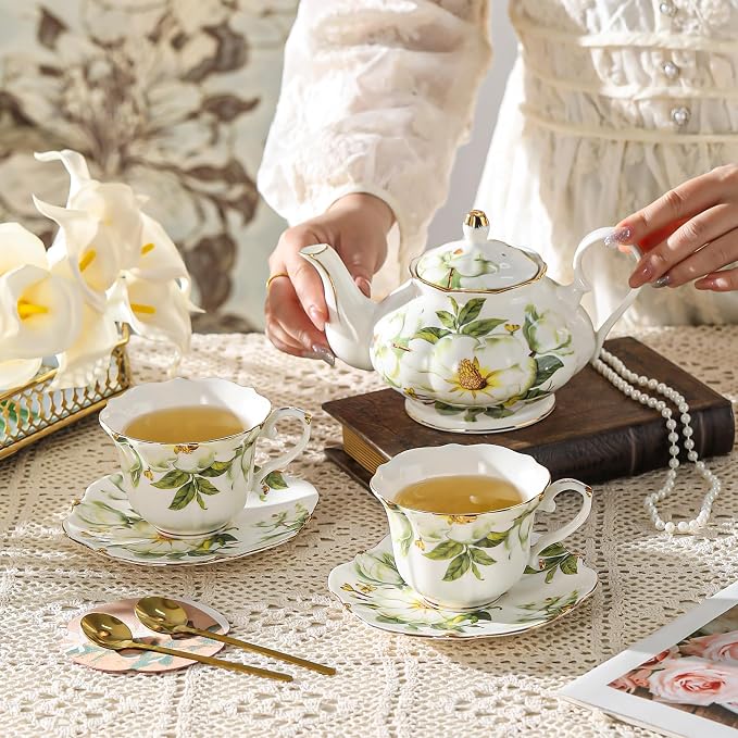 TATSUMI Country Roses Porcelain Tea Set, European Ceramic tea set for one or two,Vintage Style, For Women and Tea Parties (Green, 7 Pieces Set)