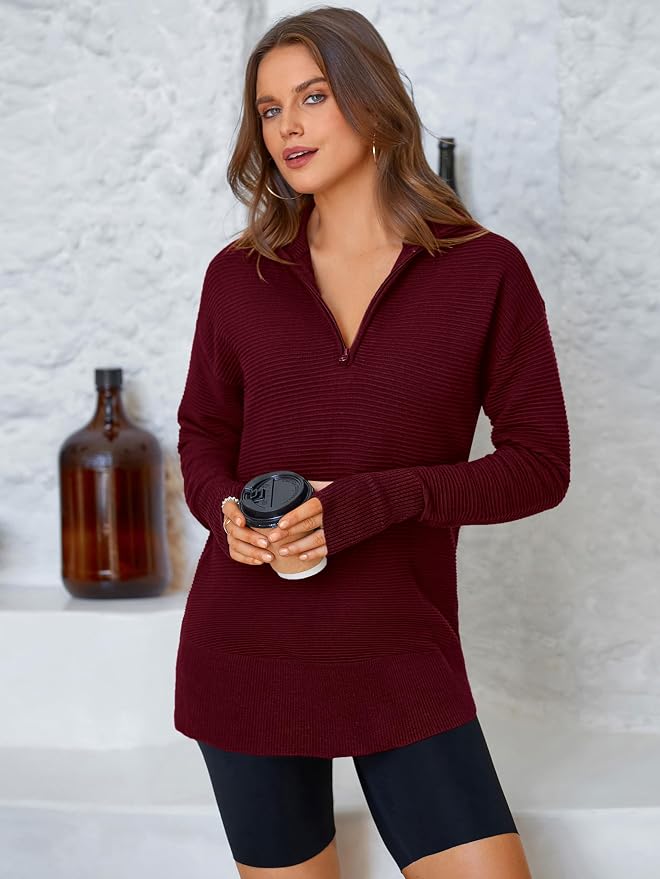 PRETTYGARDEN Womens Long Sleeve Quarter Zip Pullover Sweater Casual Loose V Neck Collared Ribbed Knit Jumper Tops Thumb Hole