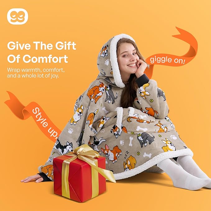 Giggling Getup Wearable Blanket Hoodie for Adults Gifts for Teen Girls Sister Women Sherpa Fleece Printed Hooded Blanket Sweatshirt Warm Cozy with Pocket & Sleeves Grey Dog