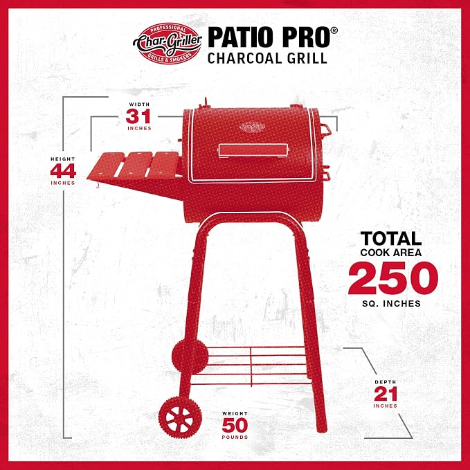 Char-Griller® Patio Pro Charcoal Grill and Smoker with Cast Iron Grates, Premium Wood Shelf and Damper Control, 250 Cooking Square Inches in Black, Model E1515