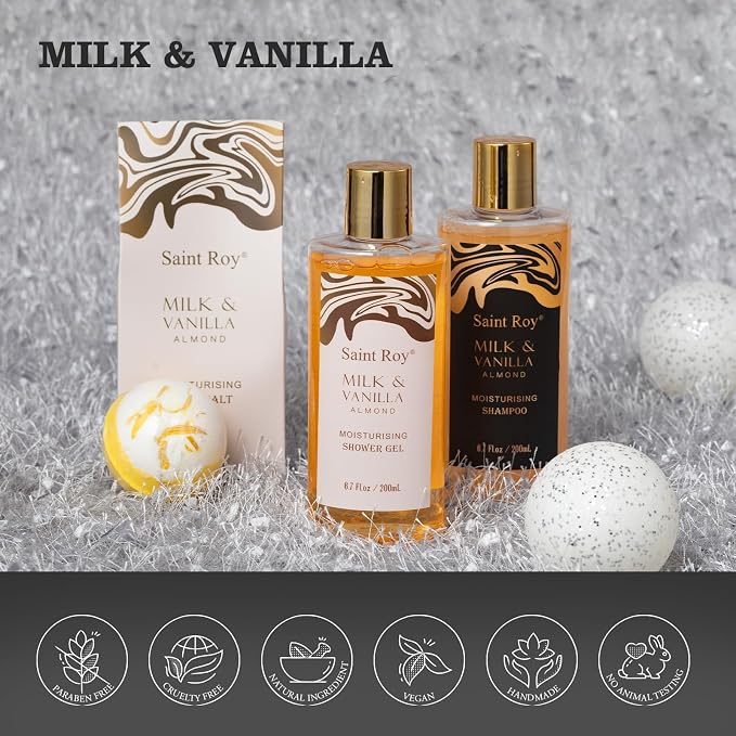 Saint Roy for Men & Dad Bath and Body Almond Milk Vanilla Spa Gifts for Women, Bath Gift Set Shower Gel, Scent Lotion, Bath Bomb Spa Gift Basket, Bath Care Set Birthday Holiday Home Spa Gifts | Almond Milk Vanilla Spa Gifts for Women, Bath Gift Set Chr...