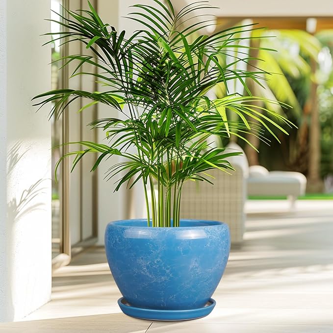 Ceramicfor 10 Inch Planter Pot - Ceramic Pots for Plants with Drainage Hole and Saucer, Round Large Flower Pot for Indoor Plants, Blue