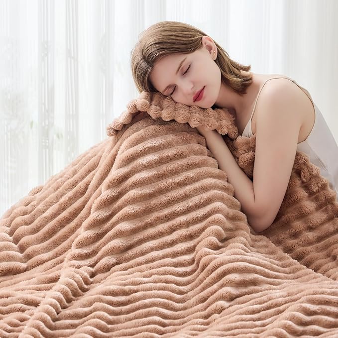 NEWCOSPLAY Super Soft Queen Blanket Taupe Premium Silky Flannel Fleece 3D Ribbed Jacquard Lightweight Bed Blanket All Season Use (Taupe Ribbed, Queen(90"x90"))