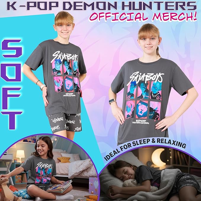 KPop Demon Hunters Officially Licensed 2-Pc Pajamas Set Girls, 5–14 Yrs, Soft PJs Lounge Set T Shirt Shorts, Gifts for Girls